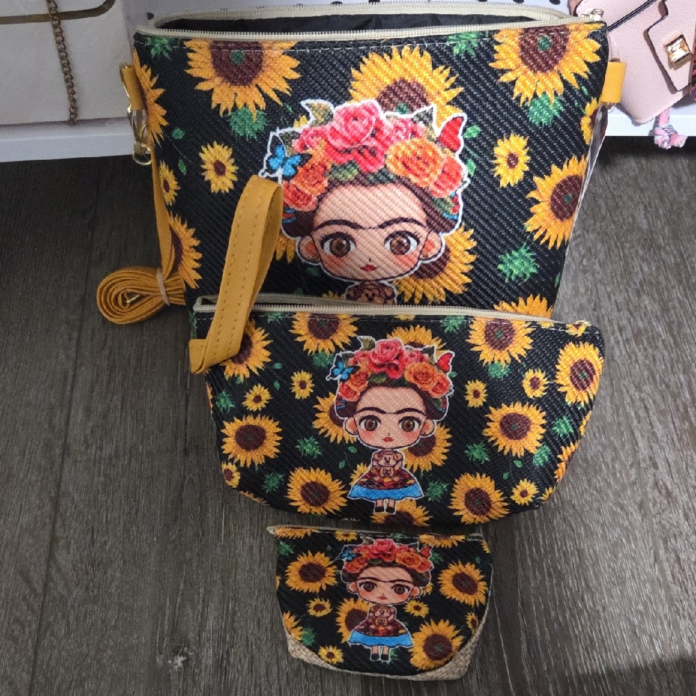 Jute Sunflower Frida Kahlo Print Crossbody Bag Set - Black & Yellow